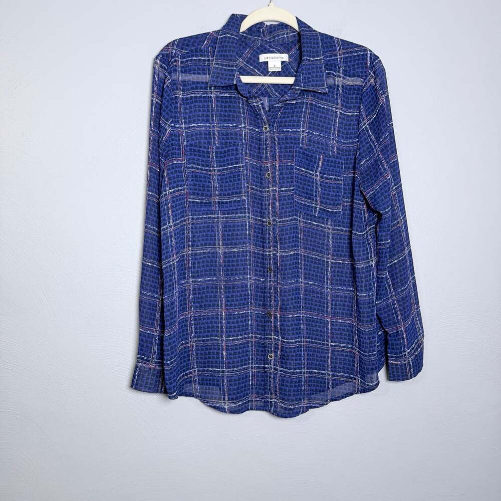 Liz Claiborne Sheer Blue Windowpane Grid Check Button Up Blouse Top, Size L